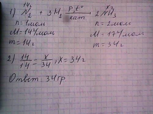 Вреакцию с водородом вступил азот массой 14 г определить массу nh3 который образовался