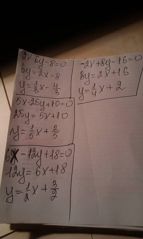 Выразить y через x: 2x-6y-8=0 5x-25y+10=0 6x-12y+18=0 -2x+8y-16=0