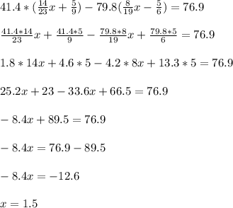 \\41.4*(\frac{14}{23}x+\frac{5}{9}) - 79.8(\frac{8}{19}x - \frac{5}{6}) = 76.9\\&#10;\\\frac{41.4*14}{23}x + \frac{41.4*5}{9} - \frac{79.8*8}{19}x + \frac{79.8*5}6} = 76.9\\&#10;\\1.8*14x + 4.6 * 5 - 4.2*8x + 13.3*5 = 76.9 \\&#10;\\25.2x + 23 - 33.6x + 66.5 = 76.9\\&#10;\\-8.4x+89.5 = 76.9\\&#10;\\-8.4x = 76.9 - 89.5\\&#10;\\-8.4x = -12.6\\&#10;\\x = 1.5\\