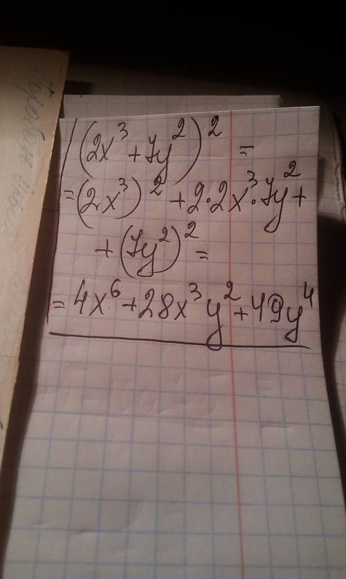 Представте в виде многочлена (2х^3+7y^2)^2.