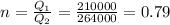 \\ n = \frac{ Q_{1} }{ Q_{2} } = \frac{210000}{264000} = 0.79