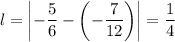 l = \left|-\dfrac{5}{6} - \left(-\dfrac{7}{12}\right)\right| = \dfrac{1}{4}