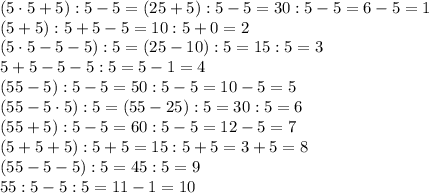 (5\cdot5+5):5-5=(25+5):5-5=30:5-5=6-5=1\\(5+5):5+5-5=10:5+0=2\\(5\cdot5-5-5):5=(25-10):5=15:5=3\\5+5-5-5:5=5-1=4\\(55-5):5-5=50:5-5=10-5=5\\(55-5\cdot5):5=(55-25):5=30:5=6\\(55+5):5-5=60:5-5=12-5=7\\(5+5+5):5+5=15:5+5=3+5=8\\(55-5-5):5=45:5=9\\55:5-5:5=11-1=10