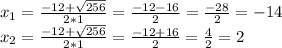 x_{1}= \frac{-12+ \sqrt{256} }{2*1} = \frac{-12-16}{2} = \frac{-28}{2} =-14 \\x_{2}= \frac{-12+ \sqrt{256} }{2*1} = \frac{-12+16}{2} = \frac{4}{2} =2 \\