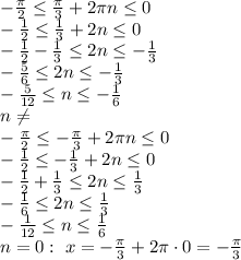 -\frac{\pi}{2}\leq\frac{\pi}{3}+2\pi n\leq0&#10;\\\&#10;-\frac{1}{2}\leq\frac{1}{3}+2n\leq0&#10;\\\&#10;-\frac{1}{2}-\frac{1}{3}\leq2n\leq-\frac{1}{3} &#10;\\\&#10;-\frac{5}{6}\leq2n\leq-\frac{1}{3} &#10;\\\&#10;-\frac{5}{12}\leq n\leq-\frac{1}{6} &#10;\\\&#10;n\neq &#10;\\\&#10;-\frac{\pi}{2}\leq-\frac{\pi}{3}+2\pi n\leq0&#10;\\\&#10;-\frac{1}{2}\leq-\frac{1}{3}+2n\leq0&#10;\\\&#10;-\frac{1}{2}+\frac{1}{3}\leq2n\leq\frac{1}{3} &#10;\\\&#10;-\frac{1}{6}\leq2n\leq\frac{1}{3} &#10;\\\&#10;-\frac{1}{12}\leq n\leq\frac{1}{6} &#10;\\\&#10;n=0: \ x=-\frac{\pi}{3} +2 \pi \cdot0=-\frac{\pi}{3}