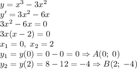 y=x^3-3x^2\\y'=3x^2-6x\\3x^2-6x=0\\3x(x-2)=0\\x_1=0,\;x_2=2\\y_1=y(0)=0-0=0\Rightarrow A(0;\;0)\\y_2=y(2)=8-12=-4\Rightarrow B(2;\;-4)