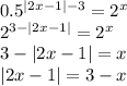 0.5^{|2x-1|-3}=2^x \\ 2^{3-|2x-1|}=2^x \\ 3-|2x-1|=x \\ |2x-1|=3-x