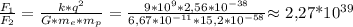 \frac{F_{1}}{F_{2}} = \frac{k*q^{2}}{G*m_{e}*m_{p}} = \frac{9*10^9*2,56*10^{-38}}{6,67*10^{-11}*15,2*10^{-58}} $\approx$ 2,27*10^{39}