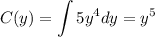 C(y)=\displaystyle \int 5y^4 dy=y^5