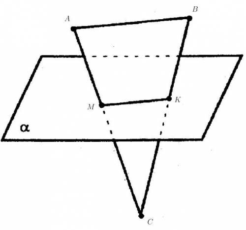 Плоскость а параллельна стороне ав треугольника авс, пересекает его стороны в точках м и к. точка м-