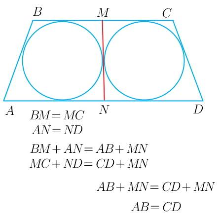 Отрезок,соединяющий середины m и n оснований соответственно bc и ad трапеции abcd,разбивает ее на 2