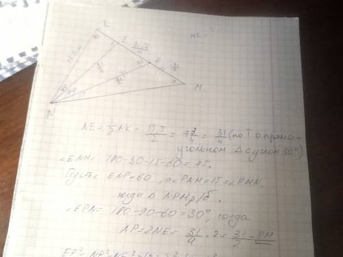 Втреугольнике mnk, угол m=15 гр, угол k= 30 гр, kn= 15,5 см. перпендикуляр ne делит сторону mk на ча