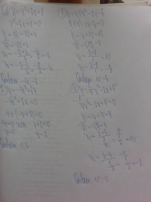 Надо решить уравнения: 1.y=x²+6x+8 2.y=-3x²+6x 3.y=0.5x²-2x-6 4.y=-¼x²-2x+5