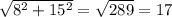 \sqrt{ 8^{2} + 15^{2} }= \sqrt{289} = 17