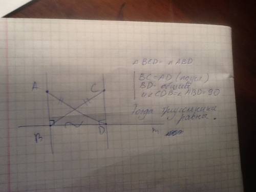 Кпрямой m проведены перпендикуляры ab и cd. докажите что треугольник abd=cdb, если ad=bc
