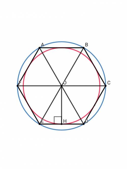 в правильный шестиугольник вписана окружность радиусом 8 см. найдите сторону шестиугольника, площад