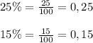 25\%=\frac{25}{100}=0,25\\\\15\%=\frac{15}{100}=0,15