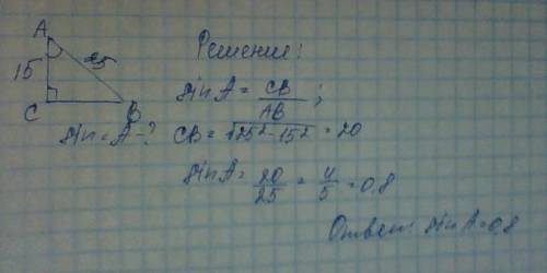 Втреугольнике авс угол с равен 90, ав равно 25, ас равно 15. найдите sina.