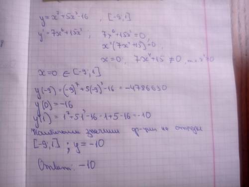 Найдите наибольшее значение функции y=x^7+5x^3-16 на отрезке [-9; 1]