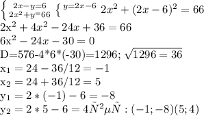 \left \{ {{2x-y=6&#10;} \atop {2 x^{2} +y ^=66 }} \right. &#10; \left \{ {y=2x-6} \atop }} \right.&#10;2x^2+(2x-6)^2=66&#10;&#10;2x^2+4x^2-24x+36=66&#10;&#10;6x^2-24x-30=0&#10;&#10;&#10;D=576-4*6*(-30)=1296; \sqrt{1296=36}&#10;&#10; x_{1} =24-36/12=-1&#10;&#10; x_{2} =24+36/12=5&#10;&#10;y_{1} =2*(-1)-6=-8&#10;&#10; y_{2} =2*5-6=4 ответ:(-1;-8) (5;4)&#10;&#10; &#10;&#10;