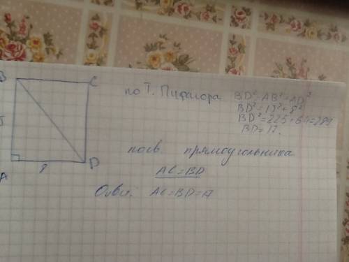 Стороны прямоугольника равны 15 и 8 см.найдите его диагонали..