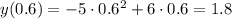 y(0.6)=-5\cdot0.6^2+6\cdot0.6=1.8