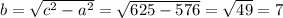 b=\sqrt{c^2-a^2}=\sqrt{625-576}=\sqrt{49}=7