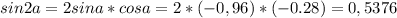 sin2a=2sina*cosa=2*(-0,96)*(-0.28)=0,5376