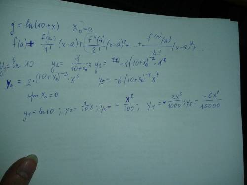 Найти первые пять членов ряда тейлора для функции y= ln(10+x) в окрестности точки xo = 0. !