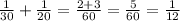 \frac{1}{30}+ \frac{1}{20}= \frac{2+3}{60} = \frac{5}{60} = \frac{1}{12}