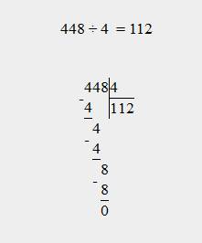 Решение примера в столбик 448 поделить на 4