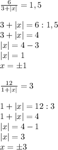 \frac{6}{3+|x|}=1,5\\\\3+|x|=6:1,5\\3+|x|=4\\|x|=4-3\\|x|=1\\x=б1\\\\ \frac{12}{1+|x|}=3\\\\1+|x|=12:3\\1+|x|=4\\|x|=4-1\\ |x|=3\\x=б3