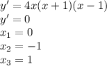 y'=4x(x+1)(x-1) \\ y'=0 \\ x_1=0 \\ x_2=-1 \\ x_3=1