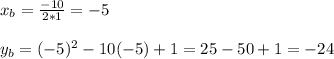 x_b= \frac{-10}{2*1}=-5\\\\y_b=(-5)^2-10(-5)+1=25-50+1=-24