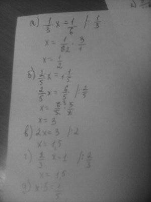 Найдите неизвестное число: а)1/3*x=1/6 б)2/5*х=1 1/5 в)2*х=3 г)2/3*х=1 д)х*5=1/5 е)8*х=2 ж)х*6=4 з)3