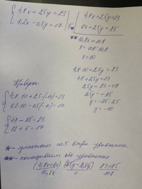 Решите систему уравнений {4.8x+2.5y=23 {1.2x-0.5y=17