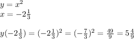 y=x^2\\x=-2 \frac{1}{3}\\\\y(-2 \frac{1}{3})=(-2 \frac{1}{3})^2=(- \frac{7}{3})^2= \frac{49}{9}=5 \frac{4}{9}