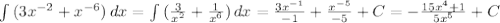 \int\limits {(3x^{-2}+x^{-6})} \, dx = \int\limits {( \frac{3}{x^2} + \frac{1}{x^6})} \, dx = \frac{3x^{-1}}{-1}+ \frac{x^{-5}}{-5} +C =- \frac{15x^4+1}{5x^5} +C