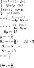 \left \{ {{x+ \frac{y}{2} -2 \frac{y}{3} = \frac{5}{2}|*6} \atop { \frac{3x}{2}+2y=0}|*2} \right. \\ \left \{ {{6x+3y-4y=15} \atop {3x+4y=0}} \right. \\ **\left \{ {{6x-y=15} \atop {3x+4y=0}|*-2} \right. \\ ***\left \{ {{6x-y=15} \atop {-6x-8y=0}} \right. \\ -9y=15\\ y=- \frac{5}{3} \\6x-(- \frac{5}{3})=15|*3\\18x+5=45\\18x=40\\x=\frac{20}{9}\\ \\(\frac{20}{9};- \frac{5}{3})