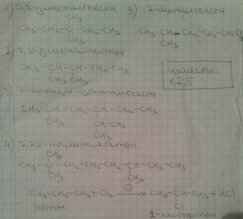 Напишите структурные формулы следующих соединений: 3,3-диметилгексан; 2-метил-4-изопропилгексан; 2,3