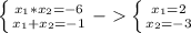 \left \{ {{x_1*x_2=-6} \atop {x_1+x_2=-1}} \right. -\left \{ {{x_1=2} \atop {x_2=-3}} \right.