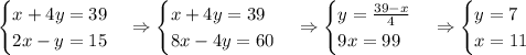 \begin{cases}x+4y=39\\2x-y=15\end{cases}\Rightarrow\begin{cases}x+4y=39\\8x-4y=60\end{cases}\Rightarrow\begin{cases}y=\frac{39-x}4\\9x=99\end{cases}\Rightarrow\begin{cases}y=7\\x=11\end{cases}