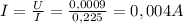 I= \frac{U}{I} = \frac{0,0009}{0,225} = 0,004A