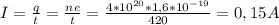 I= \frac{q}{t} = \frac{ne}{t} = \frac{4* 10^{20}*1,6 *10^{-19} }{420} =0,15A