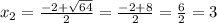 x_{2} = \frac{-2 + \sqrt{64} }{2} = \frac{-2 + 8}{2} = \frac{6}{2} = 3