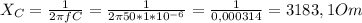 X_{C} = \frac{1}{2 \pi fC} = \frac{1}{2 \pi 50*1* 10^{-6} } = \frac{1}{0,000314} = 3183,1 Om