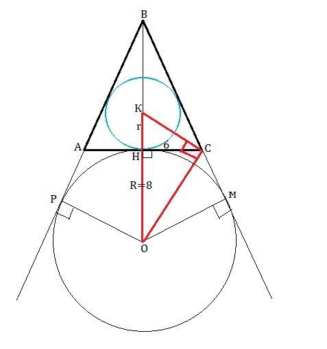 Основание ac равнобедренного треугольника abc равно 12. окружность радиуса 8 с центром вне этого тре