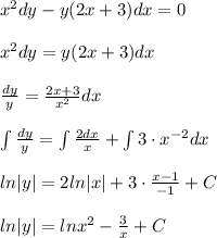 x^2dy-y(2x+3)dx=0\\\\x^2dy=y(2x+3)dx\\\\\frac{dy}{y}=\frac{2x+3}{x^2}dx\\\\\int \frac{dy}{y}=\int \frac{2dx}{x}+\int 3\cdot x^{-2}dx\\\\ln|y|=2ln|x|+3\cdot \frac{x{-1}}{-1}+C\\\\ln|y|=lnx^2-\frac{3}{x}+C