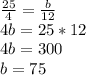 \frac{25}{4} = \frac{b}{12} \\ 4b=25*12 \\ 4b=300 \\ b=75