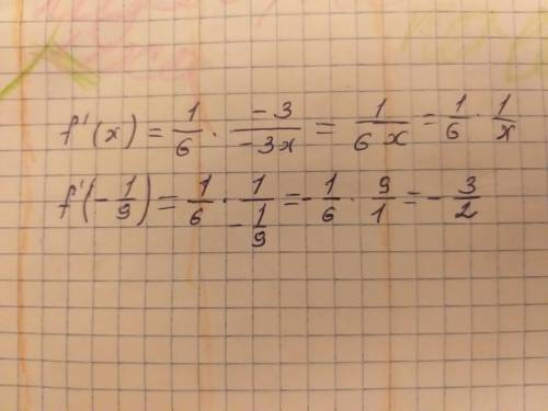 Дана функция f(x)=1/6 ln(-3x). найдите f’(x), f’(- 1/9)